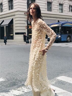 BNWT Zara Ecru Sequin Open-Knit Tunic Dress Small